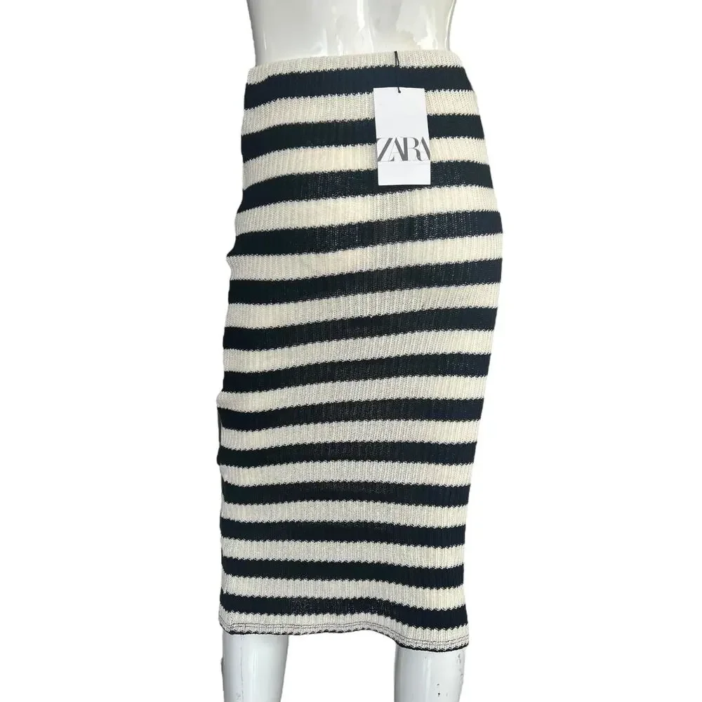 NWT Zara Black and White Striped Knit Midi Skirt Size Small